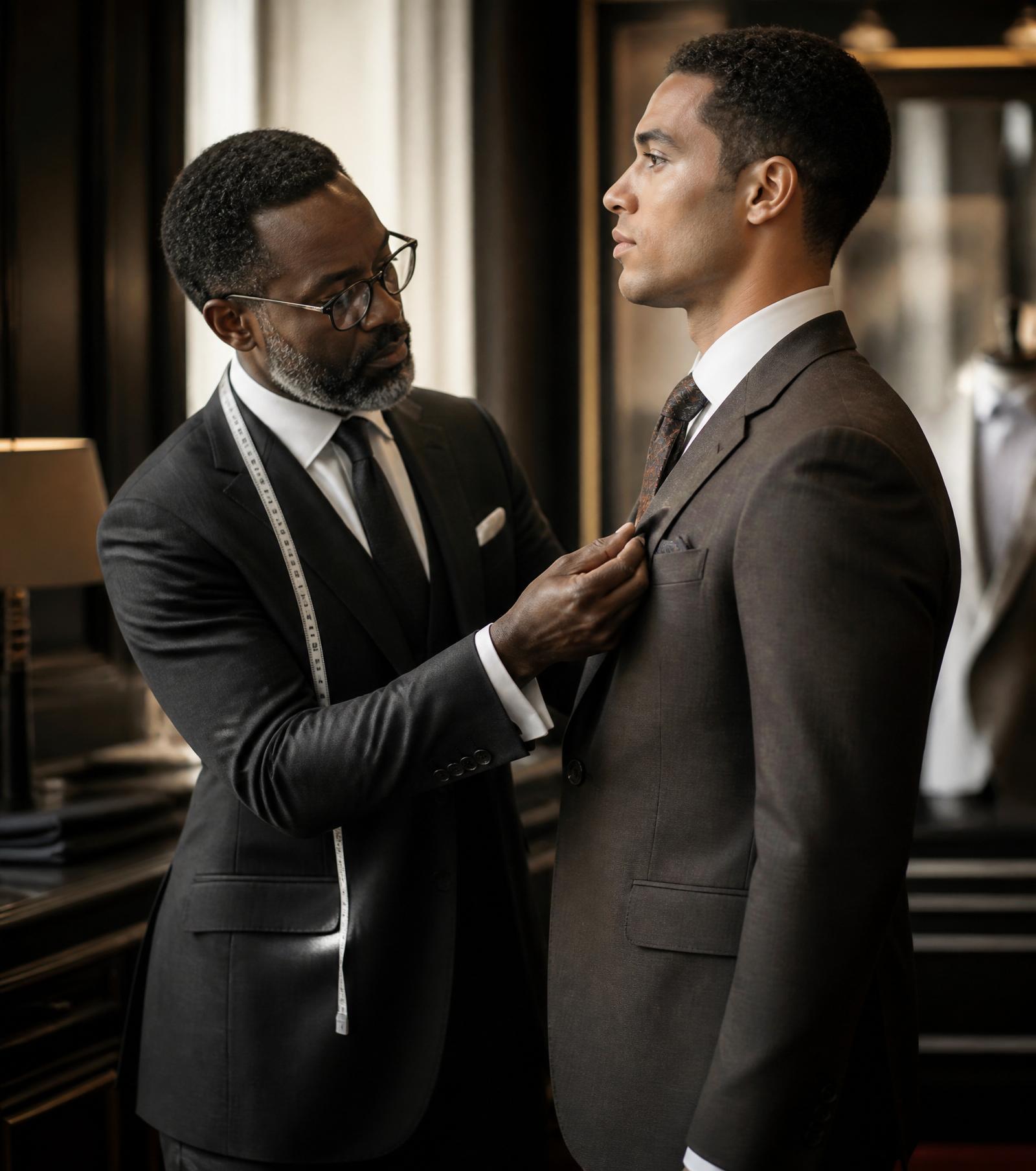 Andre' Julius adjusting a client's tailored suit in a luxury atelier